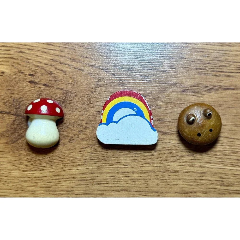 Vtg 70s Wooden Mushroom‎ Rainbow Frog Magnet Lot Retro Hippie Boho Decor Russ